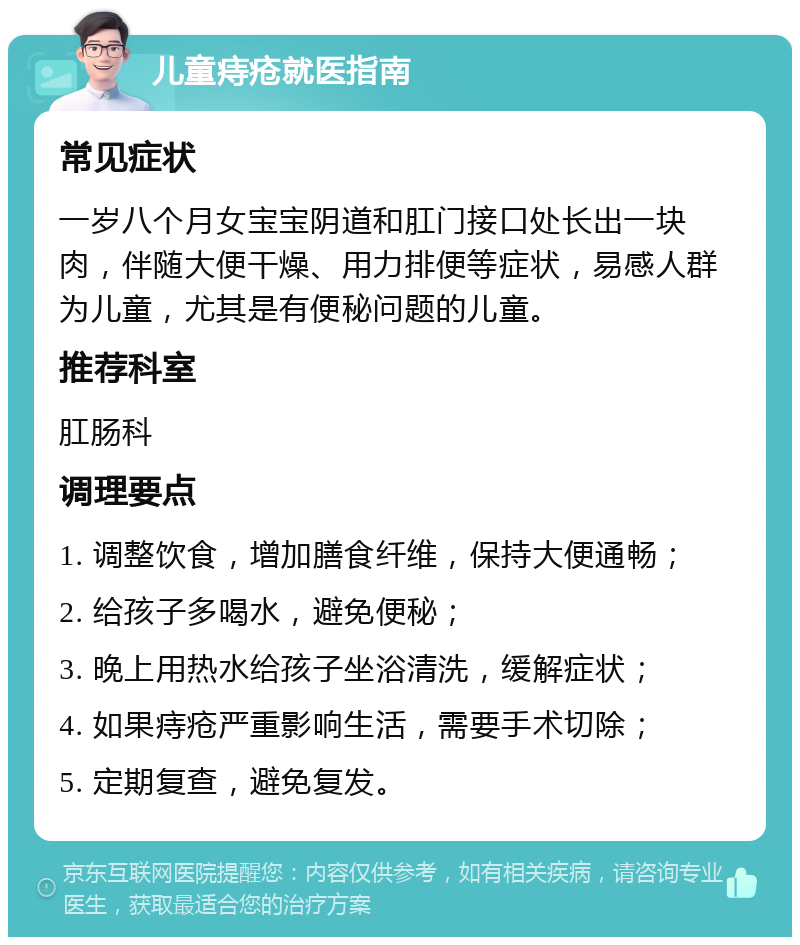 儿童痔疮就医指南 常见症状 一岁八个月女宝宝阴道和肛门接口处长出一块肉，伴随大便干燥、用力排便等症状，易感人群为儿童，尤其是有便秘问题的儿童。 推荐科室 肛肠科 调理要点 1. 调整饮食，增加膳食纤维，保持大便通畅； 2. 给孩子多喝水，避免便秘； 3. 晚上用热水给孩子坐浴清洗，缓解症状； 4. 如果痔疮严重影响生活，需要手术切除； 5. 定期复查，避免复发。