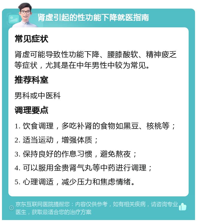 肾虚引起的性功能下降就医指南 常见症状 肾虚可能导致性功能下降、腰膝酸软、精神疲乏等症状，尤其是在中年男性中较为常见。 推荐科室 男科或中医科 调理要点 1. 饮食调理，多吃补肾的食物如黑豆、核桃等； 2. 适当运动，增强体质； 3. 保持良好的作息习惯，避免熬夜； 4. 可以服用金贵肾气丸等中药进行调理； 5. 心理调适，减少压力和焦虑情绪。