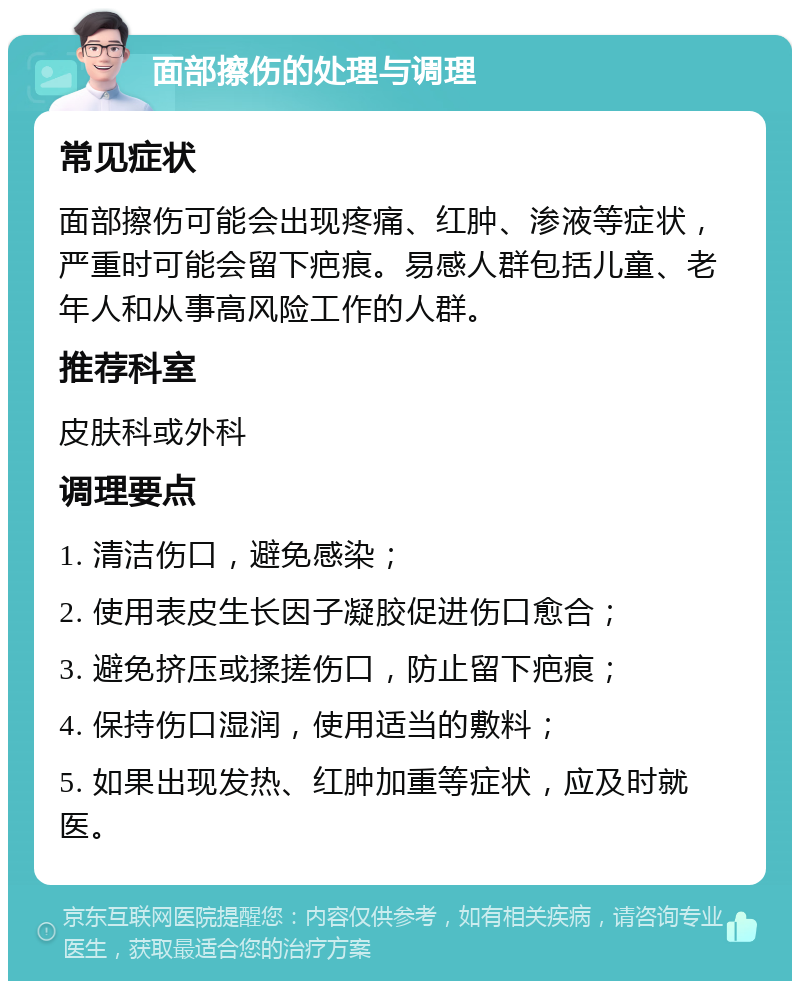 面部擦伤的处理与调理 常见症状 面部擦伤可能会出现疼痛、红肿、渗液等症状，严重时可能会留下疤痕。易感人群包括儿童、老年人和从事高风险工作的人群。 推荐科室 皮肤科或外科 调理要点 1. 清洁伤口，避免感染； 2. 使用表皮生长因子凝胶促进伤口愈合； 3. 避免挤压或揉搓伤口，防止留下疤痕； 4. 保持伤口湿润，使用适当的敷料； 5. 如果出现发热、红肿加重等症状，应及时就医。