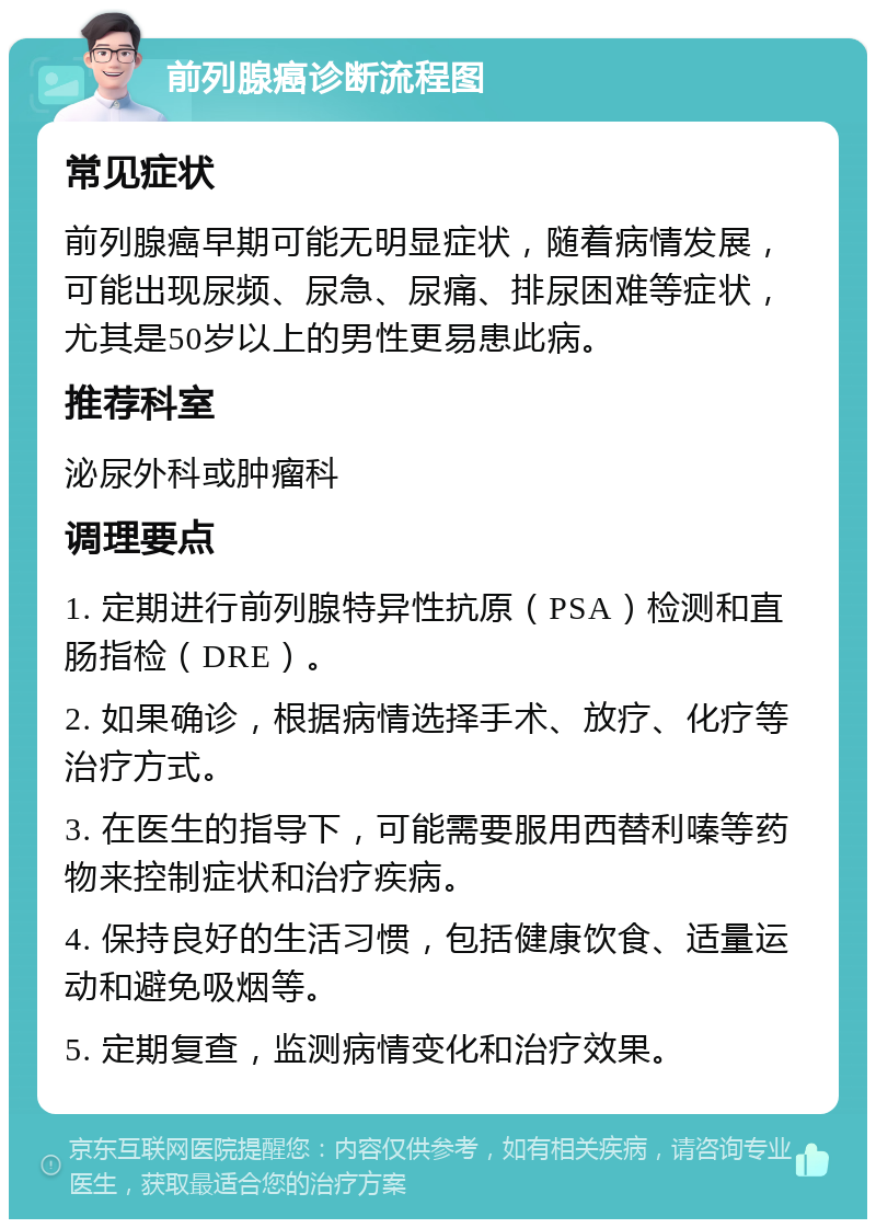 前列腺癌诊断流程图 常见症状 前列腺癌早期可能无明显症状，随着病情发展，可能出现尿频、尿急、尿痛、排尿困难等症状，尤其是50岁以上的男性更易患此病。 推荐科室 泌尿外科或肿瘤科 调理要点 1. 定期进行前列腺特异性抗原（PSA）检测和直肠指检（DRE）。 2. 如果确诊，根据病情选择手术、放疗、化疗等治疗方式。 3. 在医生的指导下，可能需要服用西替利嗪等药物来控制症状和治疗疾病。 4. 保持良好的生活习惯，包括健康饮食、适量运动和避免吸烟等。 5. 定期复查，监测病情变化和治疗效果。