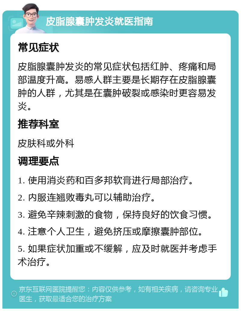 皮脂腺囊肿发炎就医指南 常见症状 皮脂腺囊肿发炎的常见症状包括红肿、疼痛和局部温度升高。易感人群主要是长期存在皮脂腺囊肿的人群，尤其是在囊肿破裂或感染时更容易发炎。 推荐科室 皮肤科或外科 调理要点 1. 使用消炎药和百多邦软膏进行局部治疗。 2. 内服连翘败毒丸可以辅助治疗。 3. 避免辛辣刺激的食物，保持良好的饮食习惯。 4. 注意个人卫生，避免挤压或摩擦囊肿部位。 5. 如果症状加重或不缓解，应及时就医并考虑手术治疗。