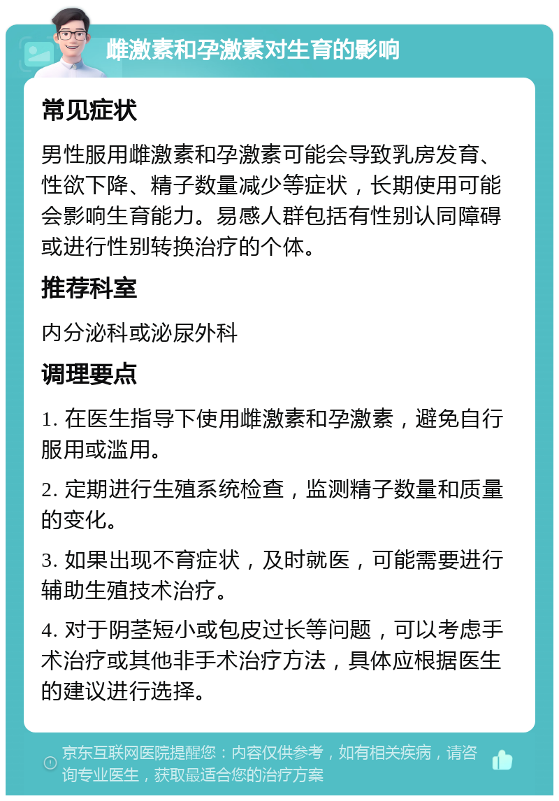 雌激素和孕激素对生育的影响 常见症状 男性服用雌激素和孕激素可能会导致乳房发育、性欲下降、精子数量减少等症状，长期使用可能会影响生育能力。易感人群包括有性别认同障碍或进行性别转换治疗的个体。 推荐科室 内分泌科或泌尿外科 调理要点 1. 在医生指导下使用雌激素和孕激素，避免自行服用或滥用。 2. 定期进行生殖系统检查，监测精子数量和质量的变化。 3. 如果出现不育症状，及时就医，可能需要进行辅助生殖技术治疗。 4. 对于阴茎短小或包皮过长等问题，可以考虑手术治疗或其他非手术治疗方法，具体应根据医生的建议进行选择。