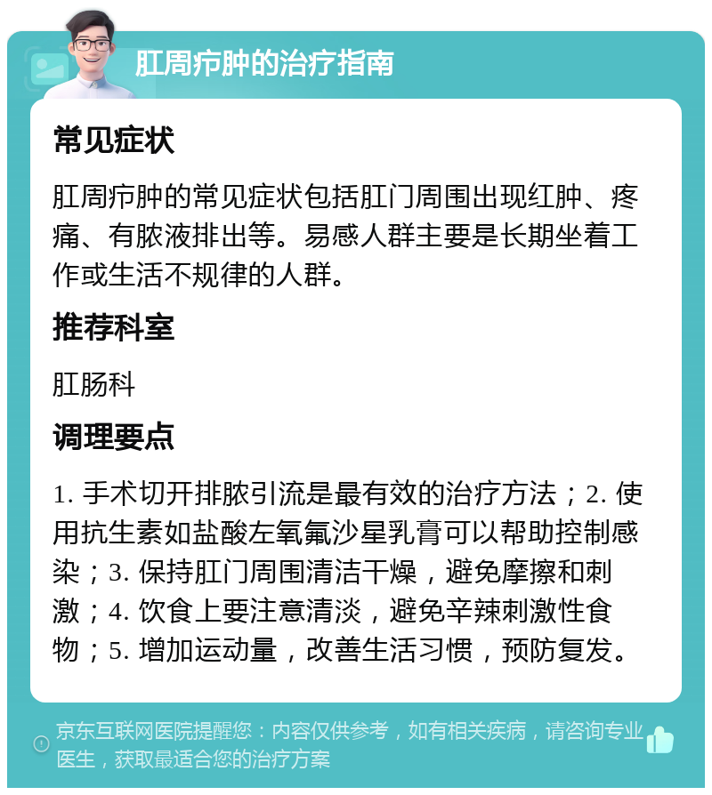 肛周疖肿的治疗指南 常见症状 肛周疖肿的常见症状包括肛门周围出现红肿、疼痛、有脓液排出等。易感人群主要是长期坐着工作或生活不规律的人群。 推荐科室 肛肠科 调理要点 1. 手术切开排脓引流是最有效的治疗方法；2. 使用抗生素如盐酸左氧氟沙星乳膏可以帮助控制感染；3. 保持肛门周围清洁干燥，避免摩擦和刺激；4. 饮食上要注意清淡，避免辛辣刺激性食物；5. 增加运动量，改善生活习惯，预防复发。