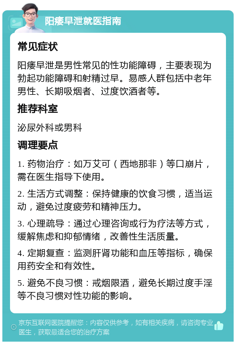 阳痿早泄就医指南 常见症状 阳痿早泄是男性常见的性功能障碍，主要表现为勃起功能障碍和射精过早。易感人群包括中老年男性、长期吸烟者、过度饮酒者等。 推荐科室 泌尿外科或男科 调理要点 1. 药物治疗：如万艾可（西地那非）等口崩片，需在医生指导下使用。 2. 生活方式调整：保持健康的饮食习惯，适当运动，避免过度疲劳和精神压力。 3. 心理疏导：通过心理咨询或行为疗法等方式，缓解焦虑和抑郁情绪，改善性生活质量。 4. 定期复查：监测肝肾功能和血压等指标，确保用药安全和有效性。 5. 避免不良习惯：戒烟限酒，避免长期过度手淫等不良习惯对性功能的影响。