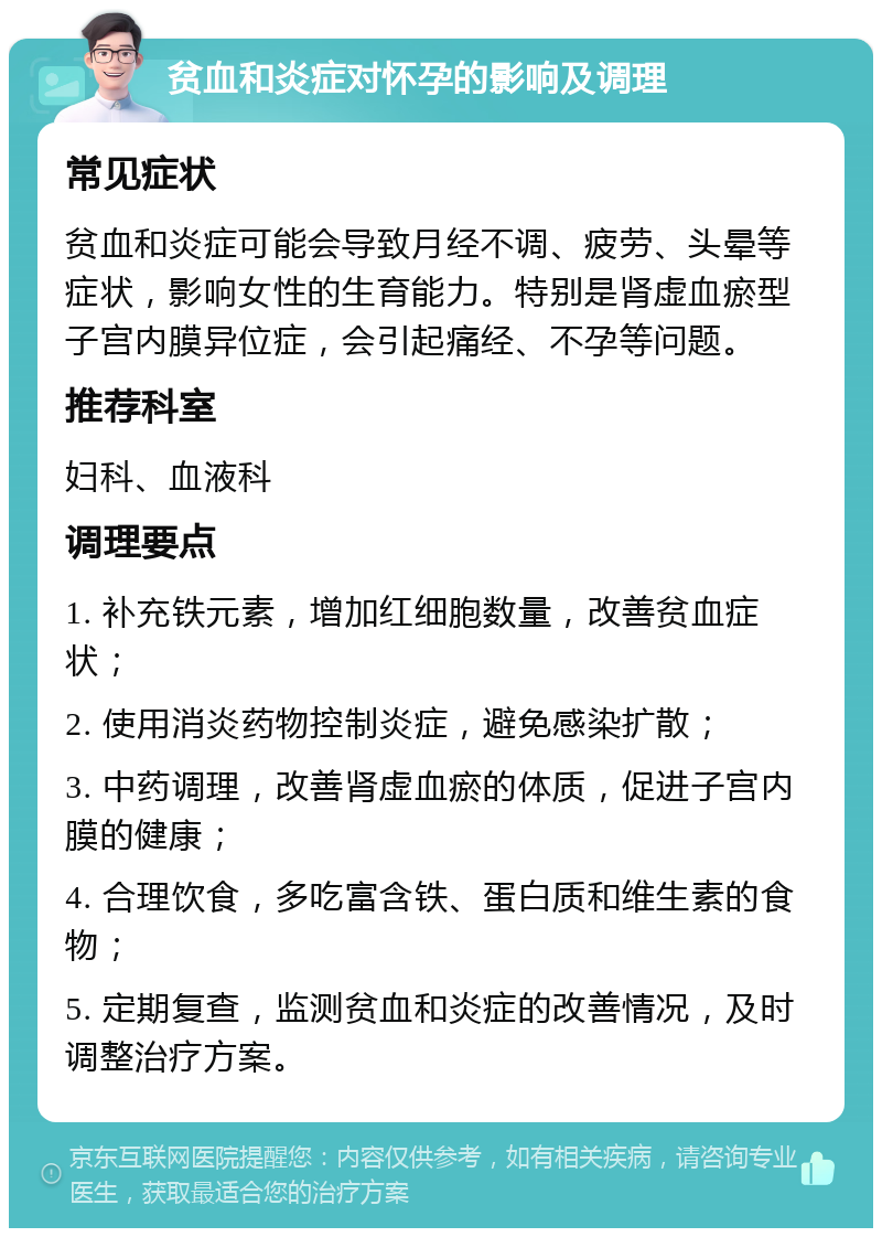 贫血和炎症对怀孕的影响及调理 常见症状 贫血和炎症可能会导致月经不调、疲劳、头晕等症状，影响女性的生育能力。特别是肾虚血瘀型子宫内膜异位症，会引起痛经、不孕等问题。 推荐科室 妇科、血液科 调理要点 1. 补充铁元素，增加红细胞数量，改善贫血症状； 2. 使用消炎药物控制炎症，避免感染扩散； 3. 中药调理，改善肾虚血瘀的体质，促进子宫内膜的健康； 4. 合理饮食，多吃富含铁、蛋白质和维生素的食物； 5. 定期复查，监测贫血和炎症的改善情况，及时调整治疗方案。