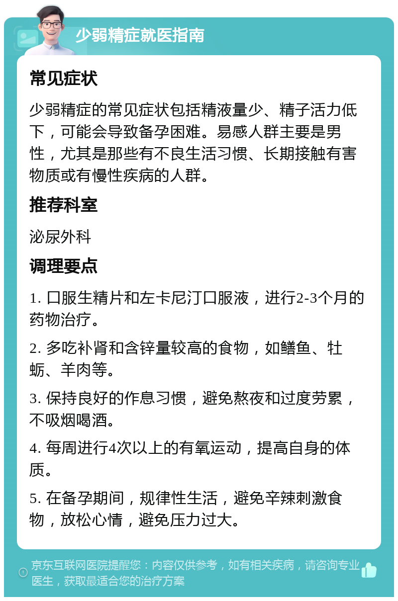 少弱精症就医指南 常见症状 少弱精症的常见症状包括精液量少、精子活力低下，可能会导致备孕困难。易感人群主要是男性，尤其是那些有不良生活习惯、长期接触有害物质或有慢性疾病的人群。 推荐科室 泌尿外科 调理要点 1. 口服生精片和左卡尼汀口服液，进行2-3个月的药物治疗。 2. 多吃补肾和含锌量较高的食物，如鳝鱼、牡蛎、羊肉等。 3. 保持良好的作息习惯，避免熬夜和过度劳累，不吸烟喝酒。 4. 每周进行4次以上的有氧运动，提高自身的体质。 5. 在备孕期间，规律性生活，避免辛辣刺激食物，放松心情，避免压力过大。