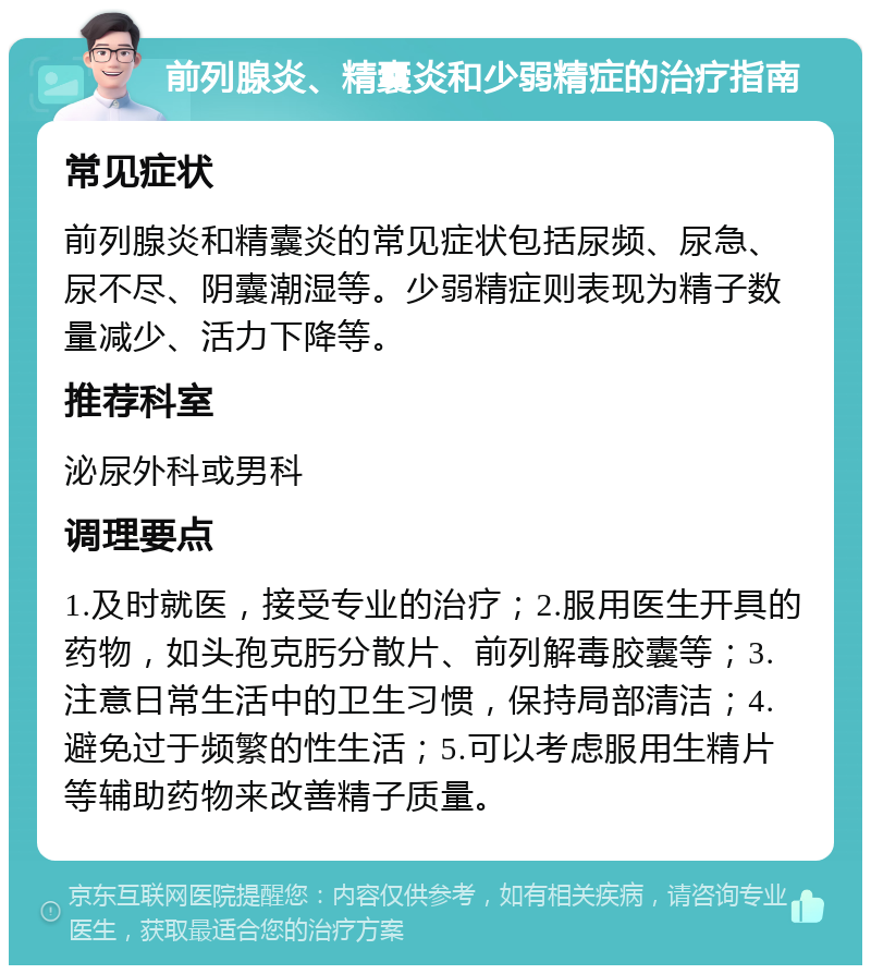 前列腺炎、精囊炎和少弱精症的治疗指南 常见症状 前列腺炎和精囊炎的常见症状包括尿频、尿急、尿不尽、阴囊潮湿等。少弱精症则表现为精子数量减少、活力下降等。 推荐科室 泌尿外科或男科 调理要点 1.及时就医，接受专业的治疗；2.服用医生开具的药物，如头孢克肟分散片、前列解毒胶囊等；3.注意日常生活中的卫生习惯，保持局部清洁；4.避免过于频繁的性生活；5.可以考虑服用生精片等辅助药物来改善精子质量。