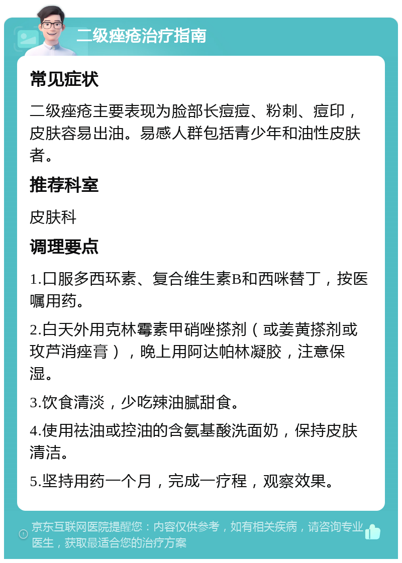 二级痤疮治疗指南 常见症状 二级痤疮主要表现为脸部长痘痘、粉刺、痘印，皮肤容易出油。易感人群包括青少年和油性皮肤者。 推荐科室 皮肤科 调理要点 1.口服多西环素、复合维生素B和西咪替丁，按医嘱用药。 2.白天外用克林霉素甲硝唑搽剂（或姜黄搽剂或玫芦消痤膏），晚上用阿达帕林凝胶，注意保湿。 3.饮食清淡，少吃辣油腻甜食。 4.使用祛油或控油的含氨基酸洗面奶，保持皮肤清洁。 5.坚持用药一个月，完成一疗程，观察效果。