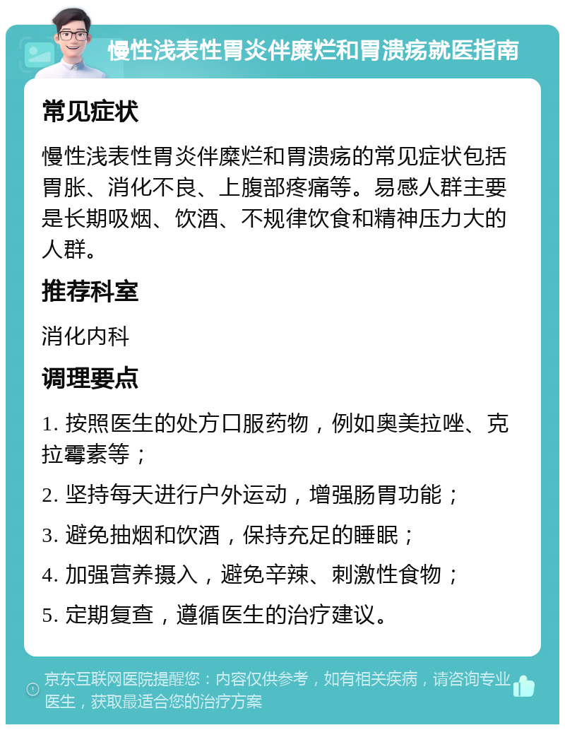 慢性浅表性胃炎伴糜烂和胃溃疡就医指南 常见症状 慢性浅表性胃炎伴糜烂和胃溃疡的常见症状包括胃胀、消化不良、上腹部疼痛等。易感人群主要是长期吸烟、饮酒、不规律饮食和精神压力大的人群。 推荐科室 消化内科 调理要点 1. 按照医生的处方口服药物，例如奥美拉唑、克拉霉素等； 2. 坚持每天进行户外运动，增强肠胃功能； 3. 避免抽烟和饮酒，保持充足的睡眠； 4. 加强营养摄入，避免辛辣、刺激性食物； 5. 定期复查，遵循医生的治疗建议。