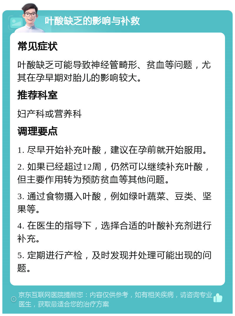 叶酸缺乏的影响与补救 常见症状 叶酸缺乏可能导致神经管畸形、贫血等问题，尤其在孕早期对胎儿的影响较大。 推荐科室 妇产科或营养科 调理要点 1. 尽早开始补充叶酸，建议在孕前就开始服用。 2. 如果已经超过12周，仍然可以继续补充叶酸，但主要作用转为预防贫血等其他问题。 3. 通过食物摄入叶酸，例如绿叶蔬菜、豆类、坚果等。 4. 在医生的指导下，选择合适的叶酸补充剂进行补充。 5. 定期进行产检，及时发现并处理可能出现的问题。