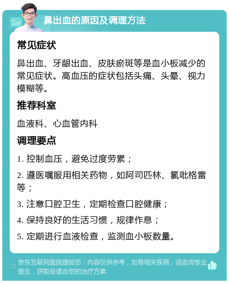 鼻出血的原因及调理方法 常见症状 鼻出血、牙龈出血、皮肤瘀斑等是血小板减少的常见症状。高血压的症状包括头痛、头晕、视力模糊等。 推荐科室 血液科、心血管内科 调理要点 1. 控制血压，避免过度劳累； 2. 遵医嘱服用相关药物，如阿司匹林、氯吡格雷等； 3. 注意口腔卫生，定期检查口腔健康； 4. 保持良好的生活习惯，规律作息； 5. 定期进行血液检查，监测血小板数量。