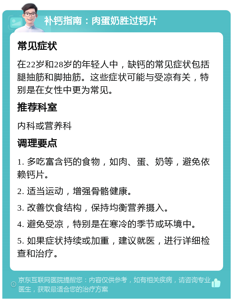 补钙指南：肉蛋奶胜过钙片 常见症状 在22岁和28岁的年轻人中，缺钙的常见症状包括腿抽筋和脚抽筋。这些症状可能与受凉有关，特别是在女性中更为常见。 推荐科室 内科或营养科 调理要点 1. 多吃富含钙的食物，如肉、蛋、奶等，避免依赖钙片。 2. 适当运动，增强骨骼健康。 3. 改善饮食结构，保持均衡营养摄入。 4. 避免受凉，特别是在寒冷的季节或环境中。 5. 如果症状持续或加重，建议就医，进行详细检查和治疗。