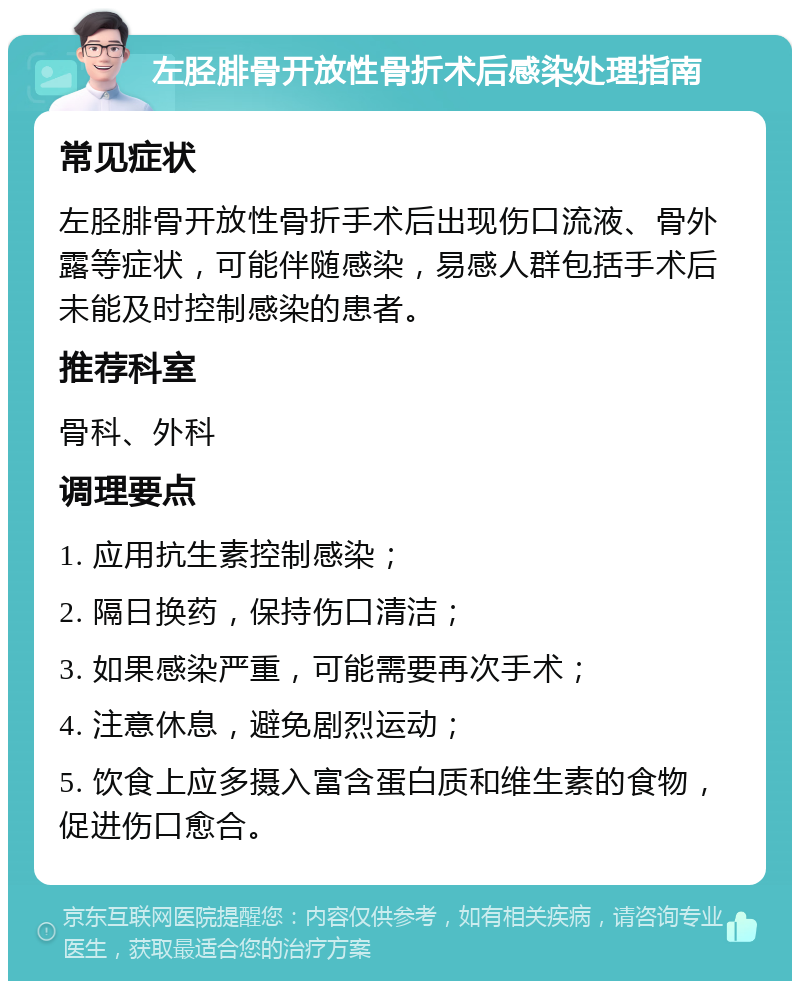 左胫腓骨开放性骨折术后感染处理指南 常见症状 左胫腓骨开放性骨折手术后出现伤口流液、骨外露等症状，可能伴随感染，易感人群包括手术后未能及时控制感染的患者。 推荐科室 骨科、外科 调理要点 1. 应用抗生素控制感染； 2. 隔日换药，保持伤口清洁； 3. 如果感染严重，可能需要再次手术； 4. 注意休息，避免剧烈运动； 5. 饮食上应多摄入富含蛋白质和维生素的食物，促进伤口愈合。