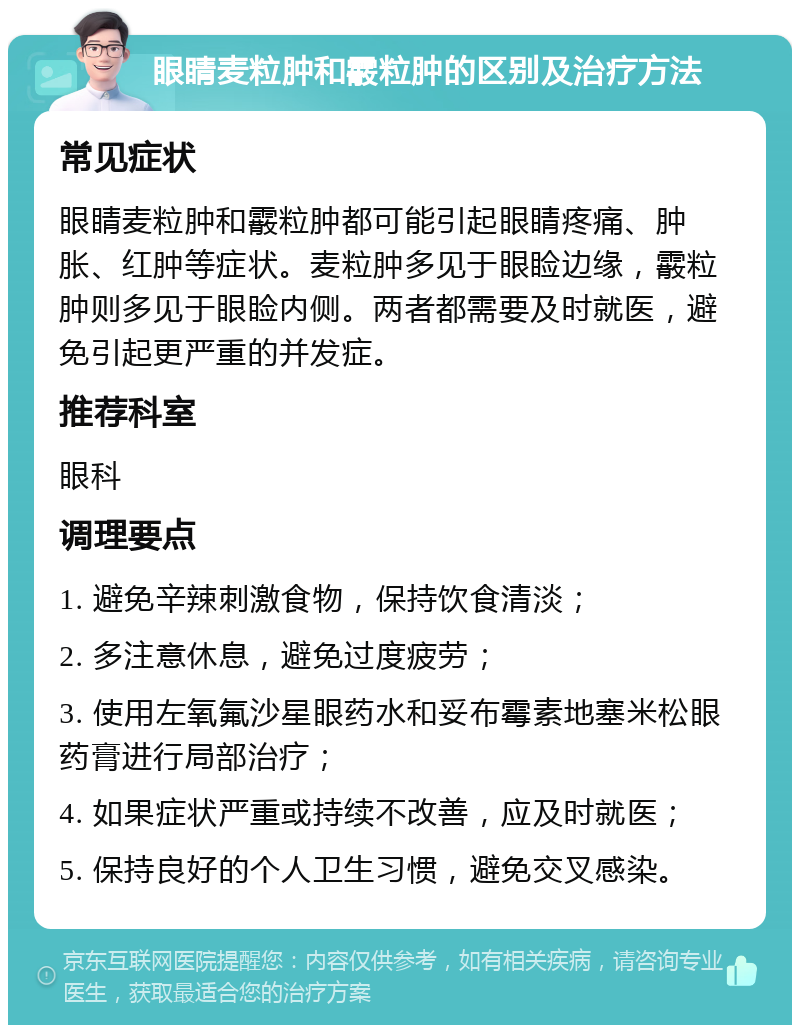 眼睛麦粒肿和霰粒肿的区别及治疗方法 常见症状 眼睛麦粒肿和霰粒肿都可能引起眼睛疼痛、肿胀、红肿等症状。麦粒肿多见于眼睑边缘，霰粒肿则多见于眼睑内侧。两者都需要及时就医，避免引起更严重的并发症。 推荐科室 眼科 调理要点 1. 避免辛辣刺激食物，保持饮食清淡； 2. 多注意休息，避免过度疲劳； 3. 使用左氧氟沙星眼药水和妥布霉素地塞米松眼药膏进行局部治疗； 4. 如果症状严重或持续不改善，应及时就医； 5. 保持良好的个人卫生习惯，避免交叉感染。