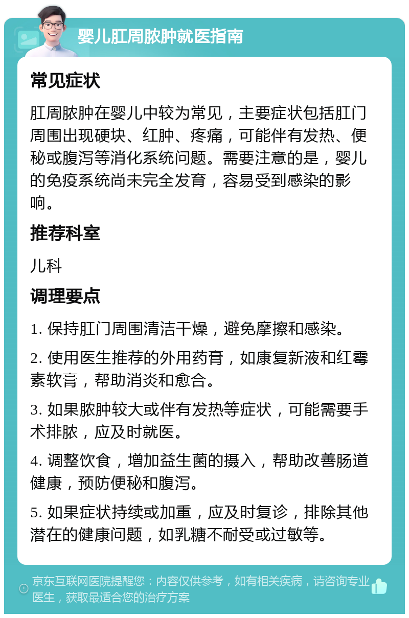 婴儿肛周脓肿就医指南 常见症状 肛周脓肿在婴儿中较为常见，主要症状包括肛门周围出现硬块、红肿、疼痛，可能伴有发热、便秘或腹泻等消化系统问题。需要注意的是，婴儿的免疫系统尚未完全发育，容易受到感染的影响。 推荐科室 儿科 调理要点 1. 保持肛门周围清洁干燥，避免摩擦和感染。 2. 使用医生推荐的外用药膏，如康复新液和红霉素软膏，帮助消炎和愈合。 3. 如果脓肿较大或伴有发热等症状，可能需要手术排脓，应及时就医。 4. 调整饮食，增加益生菌的摄入，帮助改善肠道健康，预防便秘和腹泻。 5. 如果症状持续或加重，应及时复诊，排除其他潜在的健康问题，如乳糖不耐受或过敏等。