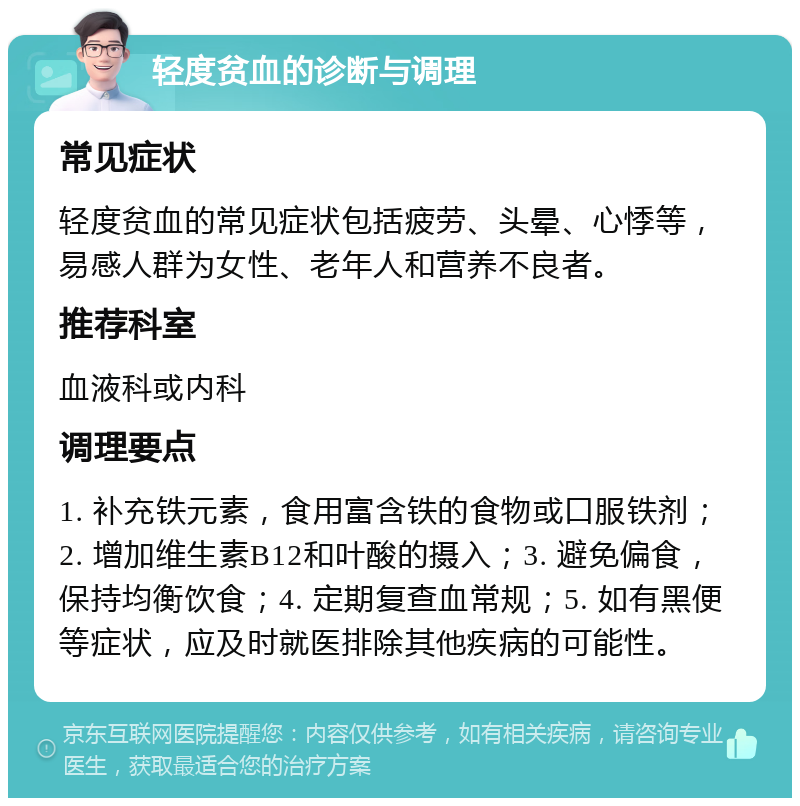 轻度贫血的诊断与调理 常见症状 轻度贫血的常见症状包括疲劳、头晕、心悸等，易感人群为女性、老年人和营养不良者。 推荐科室 血液科或内科 调理要点 1. 补充铁元素，食用富含铁的食物或口服铁剂；2. 增加维生素B12和叶酸的摄入；3. 避免偏食，保持均衡饮食；4. 定期复查血常规；5. 如有黑便等症状，应及时就医排除其他疾病的可能性。