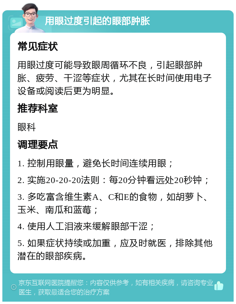 用眼过度引起的眼部肿胀 常见症状 用眼过度可能导致眼周循环不良，引起眼部肿胀、疲劳、干涩等症状，尤其在长时间使用电子设备或阅读后更为明显。 推荐科室 眼科 调理要点 1. 控制用眼量，避免长时间连续用眼； 2. 实施20-20-20法则：每20分钟看远处20秒钟； 3. 多吃富含维生素A、C和E的食物，如胡萝卜、玉米、南瓜和蓝莓； 4. 使用人工泪液来缓解眼部干涩； 5. 如果症状持续或加重，应及时就医，排除其他潜在的眼部疾病。