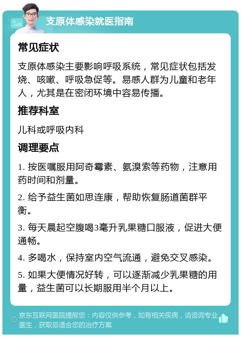 支原体感染就医指南 常见症状 支原体感染主要影响呼吸系统，常见症状包括发烧、咳嗽、呼吸急促等。易感人群为儿童和老年人，尤其是在密闭环境中容易传播。 推荐科室 儿科或呼吸内科 调理要点 1. 按医嘱服用阿奇霉素、氨溴索等药物，注意用药时间和剂量。 2. 给予益生菌如思连康，帮助恢复肠道菌群平衡。 3. 每天晨起空腹喝3毫升乳果糖口服液，促进大便通畅。 4. 多喝水，保持室内空气流通，避免交叉感染。 5. 如果大便情况好转，可以逐渐减少乳果糖的用量，益生菌可以长期服用半个月以上。