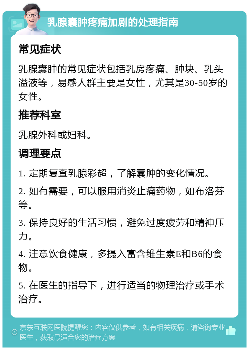 乳腺囊肿疼痛加剧的处理指南 常见症状 乳腺囊肿的常见症状包括乳房疼痛、肿块、乳头溢液等，易感人群主要是女性，尤其是30-50岁的女性。 推荐科室 乳腺外科或妇科。 调理要点 1. 定期复查乳腺彩超，了解囊肿的变化情况。 2. 如有需要，可以服用消炎止痛药物，如布洛芬等。 3. 保持良好的生活习惯，避免过度疲劳和精神压力。 4. 注意饮食健康，多摄入富含维生素E和B6的食物。 5. 在医生的指导下，进行适当的物理治疗或手术治疗。