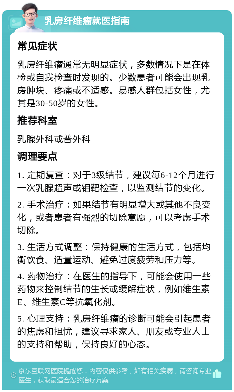 乳房纤维瘤就医指南 常见症状 乳房纤维瘤通常无明显症状，多数情况下是在体检或自我检查时发现的。少数患者可能会出现乳房肿块、疼痛或不适感。易感人群包括女性，尤其是30-50岁的女性。 推荐科室 乳腺外科或普外科 调理要点 1. 定期复查：对于3级结节，建议每6-12个月进行一次乳腺超声或钼靶检查，以监测结节的变化。 2. 手术治疗：如果结节有明显增大或其他不良变化，或者患者有强烈的切除意愿，可以考虑手术切除。 3. 生活方式调整：保持健康的生活方式，包括均衡饮食、适量运动、避免过度疲劳和压力等。 4. 药物治疗：在医生的指导下，可能会使用一些药物来控制结节的生长或缓解症状，例如维生素E、维生素C等抗氧化剂。 5. 心理支持：乳房纤维瘤的诊断可能会引起患者的焦虑和担忧，建议寻求家人、朋友或专业人士的支持和帮助，保持良好的心态。