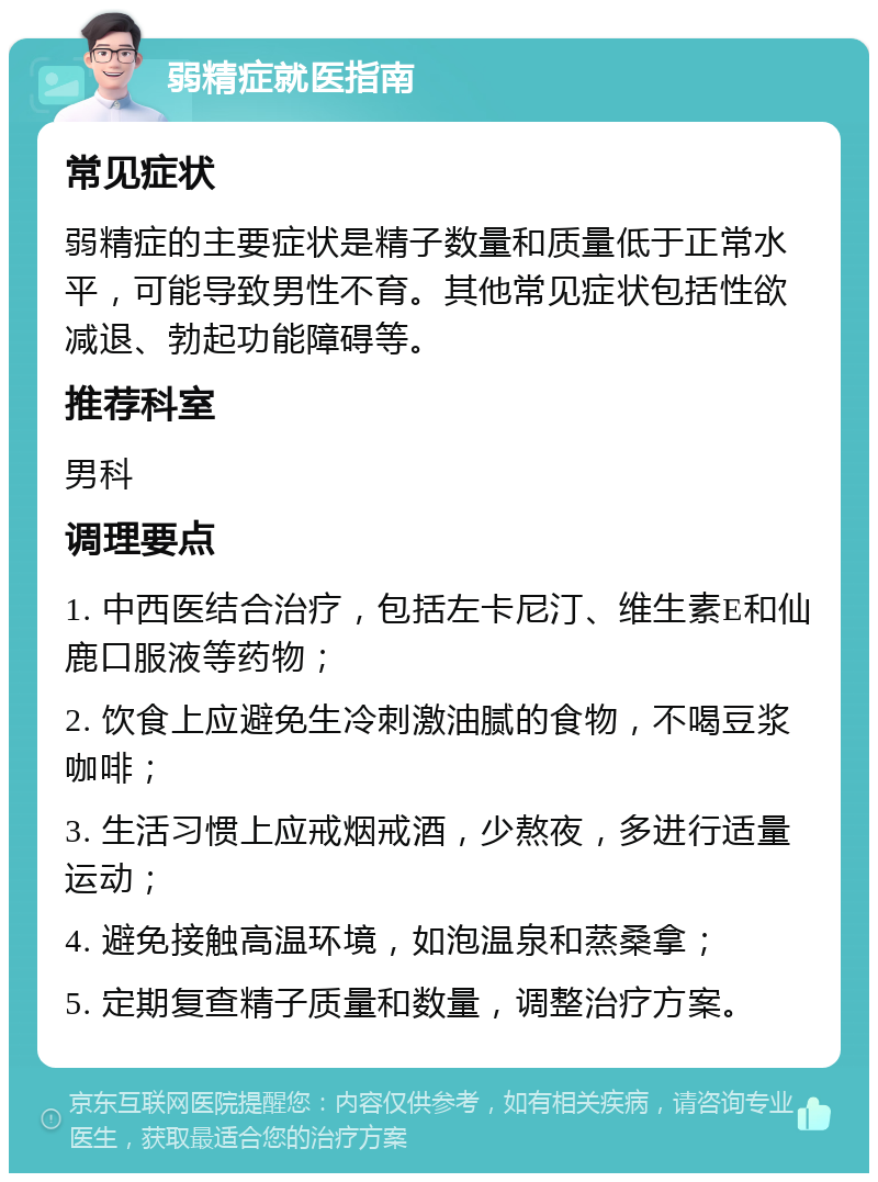 弱精症就医指南 常见症状 弱精症的主要症状是精子数量和质量低于正常水平，可能导致男性不育。其他常见症状包括性欲减退、勃起功能障碍等。 推荐科室 男科 调理要点 1. 中西医结合治疗，包括左卡尼汀、维生素E和仙鹿口服液等药物； 2. 饮食上应避免生冷刺激油腻的食物，不喝豆浆咖啡； 3. 生活习惯上应戒烟戒酒，少熬夜，多进行适量运动； 4. 避免接触高温环境，如泡温泉和蒸桑拿； 5. 定期复查精子质量和数量，调整治疗方案。