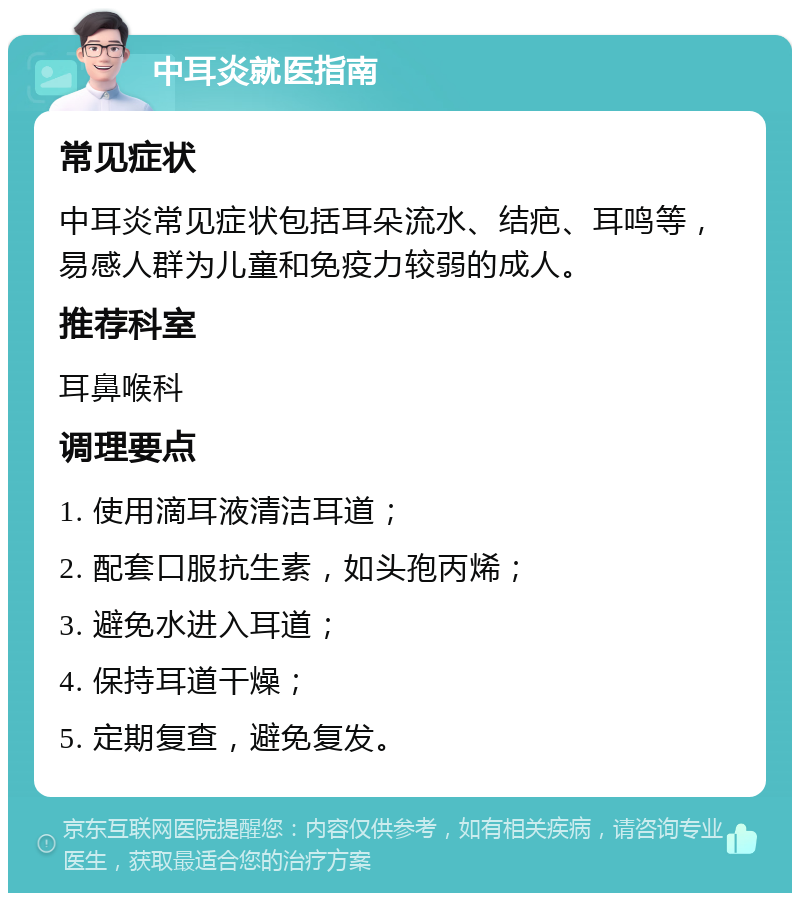 中耳炎就医指南 常见症状 中耳炎常见症状包括耳朵流水、结疤、耳鸣等，易感人群为儿童和免疫力较弱的成人。 推荐科室 耳鼻喉科 调理要点 1. 使用滴耳液清洁耳道； 2. 配套口服抗生素，如头孢丙烯； 3. 避免水进入耳道； 4. 保持耳道干燥； 5. 定期复查，避免复发。