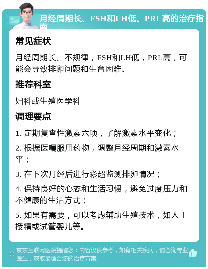 月经周期长、FSH和LH低、PRL高的治疗指南 常见症状 月经周期长、不规律，FSH和LH低，PRL高，可能会导致排卵问题和生育困难。 推荐科室 妇科或生殖医学科 调理要点 1. 定期复查性激素六项，了解激素水平变化； 2. 根据医嘱服用药物，调整月经周期和激素水平； 3. 在下次月经后进行彩超监测排卵情况； 4. 保持良好的心态和生活习惯，避免过度压力和不健康的生活方式； 5. 如果有需要，可以考虑辅助生殖技术，如人工授精或试管婴儿等。