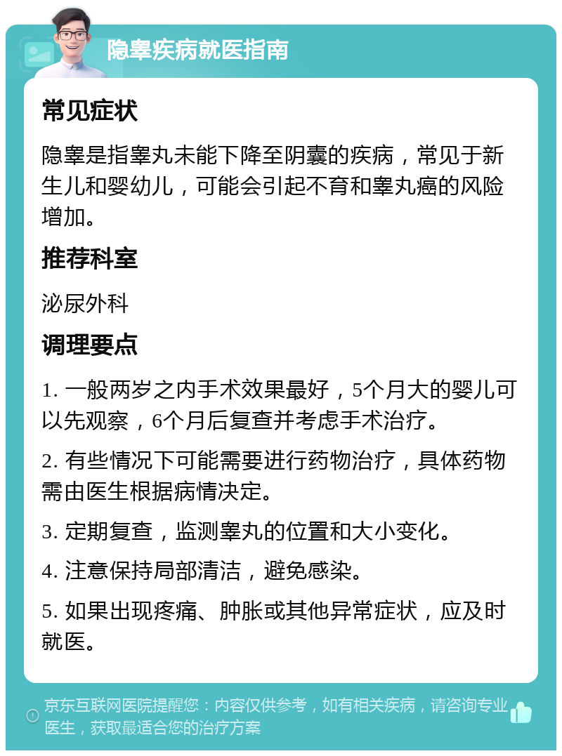 隐睾疾病就医指南 常见症状 隐睾是指睾丸未能下降至阴囊的疾病，常见于新生儿和婴幼儿，可能会引起不育和睾丸癌的风险增加。 推荐科室 泌尿外科 调理要点 1. 一般两岁之内手术效果最好，5个月大的婴儿可以先观察，6个月后复查并考虑手术治疗。 2. 有些情况下可能需要进行药物治疗，具体药物需由医生根据病情决定。 3. 定期复查，监测睾丸的位置和大小变化。 4. 注意保持局部清洁，避免感染。 5. 如果出现疼痛、肿胀或其他异常症状，应及时就医。