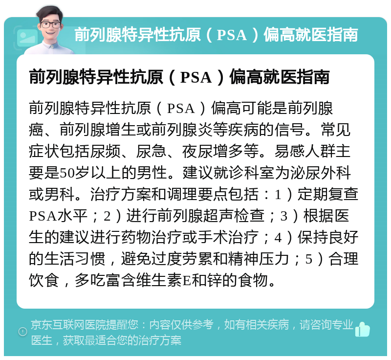 前列腺特异性抗原（PSA）偏高就医指南 前列腺特异性抗原（PSA）偏高就医指南 前列腺特异性抗原（PSA）偏高可能是前列腺癌、前列腺增生或前列腺炎等疾病的信号。常见症状包括尿频、尿急、夜尿增多等。易感人群主要是50岁以上的男性。建议就诊科室为泌尿外科或男科。治疗方案和调理要点包括：1）定期复查PSA水平；2）进行前列腺超声检查；3）根据医生的建议进行药物治疗或手术治疗；4）保持良好的生活习惯，避免过度劳累和精神压力；5）合理饮食，多吃富含维生素E和锌的食物。