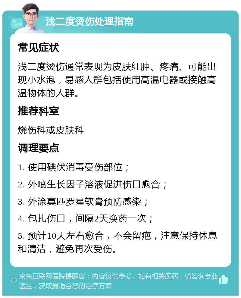 浅二度烫伤处理指南 常见症状 浅二度烫伤通常表现为皮肤红肿、疼痛、可能出现小水泡，易感人群包括使用高温电器或接触高温物体的人群。 推荐科室 烧伤科或皮肤科 调理要点 1. 使用碘伏消毒受伤部位； 2. 外喷生长因子溶液促进伤口愈合； 3. 外涂莫匹罗星软膏预防感染； 4. 包扎伤口，间隔2天换药一次； 5. 预计10天左右愈合，不会留疤，注意保持休息和清洁，避免再次受伤。