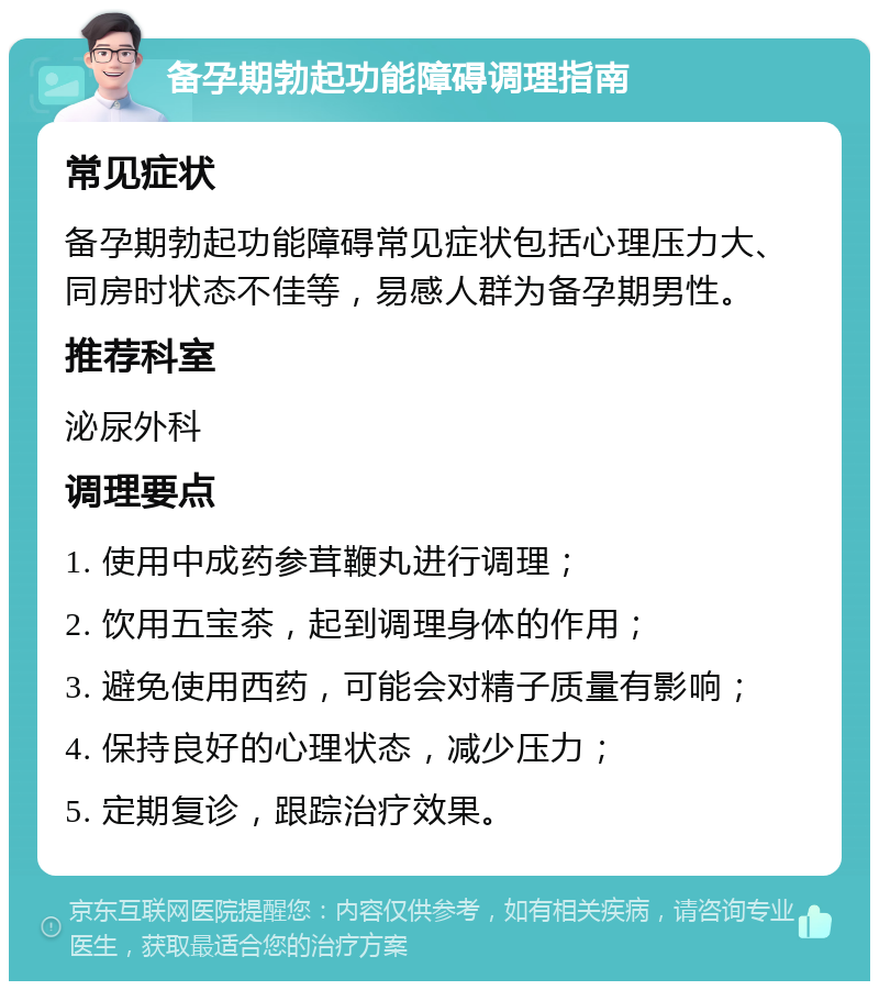 备孕期勃起功能障碍调理指南 常见症状 备孕期勃起功能障碍常见症状包括心理压力大、同房时状态不佳等，易感人群为备孕期男性。 推荐科室 泌尿外科 调理要点 1. 使用中成药参茸鞭丸进行调理； 2. 饮用五宝茶，起到调理身体的作用； 3. 避免使用西药，可能会对精子质量有影响； 4. 保持良好的心理状态，减少压力； 5. 定期复诊，跟踪治疗效果。