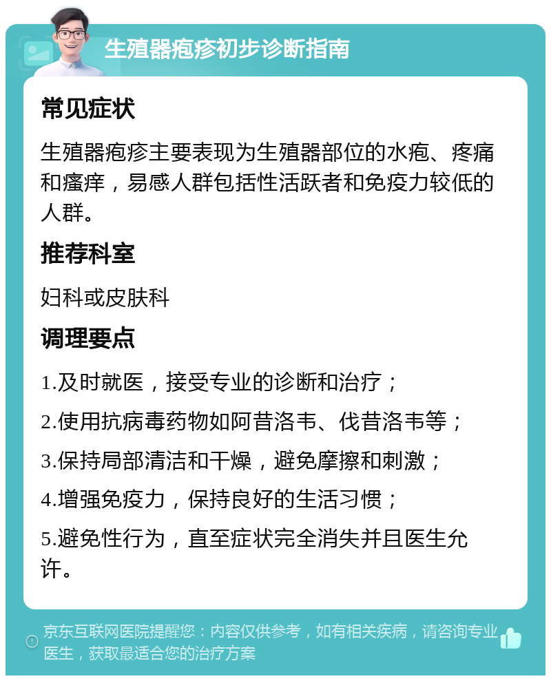 生殖器疱疹初步诊断指南 常见症状 生殖器疱疹主要表现为生殖器部位的水疱、疼痛和瘙痒，易感人群包括性活跃者和免疫力较低的人群。 推荐科室 妇科或皮肤科 调理要点 1.及时就医，接受专业的诊断和治疗； 2.使用抗病毒药物如阿昔洛韦、伐昔洛韦等； 3.保持局部清洁和干燥，避免摩擦和刺激； 4.增强免疫力，保持良好的生活习惯； 5.避免性行为，直至症状完全消失并且医生允许。