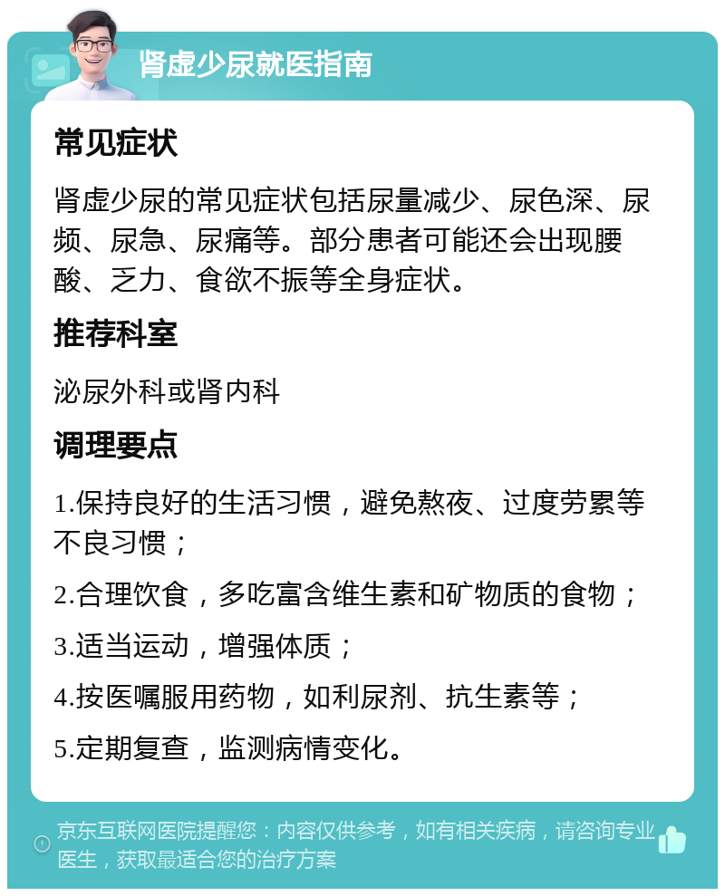 肾虚少尿就医指南 常见症状 肾虚少尿的常见症状包括尿量减少、尿色深、尿频、尿急、尿痛等。部分患者可能还会出现腰酸、乏力、食欲不振等全身症状。 推荐科室 泌尿外科或肾内科 调理要点 1.保持良好的生活习惯，避免熬夜、过度劳累等不良习惯； 2.合理饮食，多吃富含维生素和矿物质的食物； 3.适当运动，增强体质； 4.按医嘱服用药物，如利尿剂、抗生素等； 5.定期复查，监测病情变化。