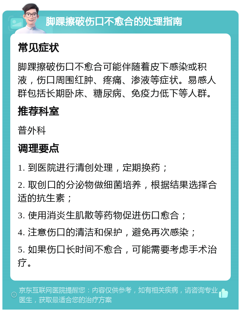 脚踝擦破伤口不愈合的处理指南 常见症状 脚踝擦破伤口不愈合可能伴随着皮下感染或积液，伤口周围红肿、疼痛、渗液等症状。易感人群包括长期卧床、糖尿病、免疫力低下等人群。 推荐科室 普外科 调理要点 1. 到医院进行清创处理，定期换药； 2. 取创口的分泌物做细菌培养，根据结果选择合适的抗生素； 3. 使用消炎生肌散等药物促进伤口愈合； 4. 注意伤口的清洁和保护，避免再次感染； 5. 如果伤口长时间不愈合，可能需要考虑手术治疗。