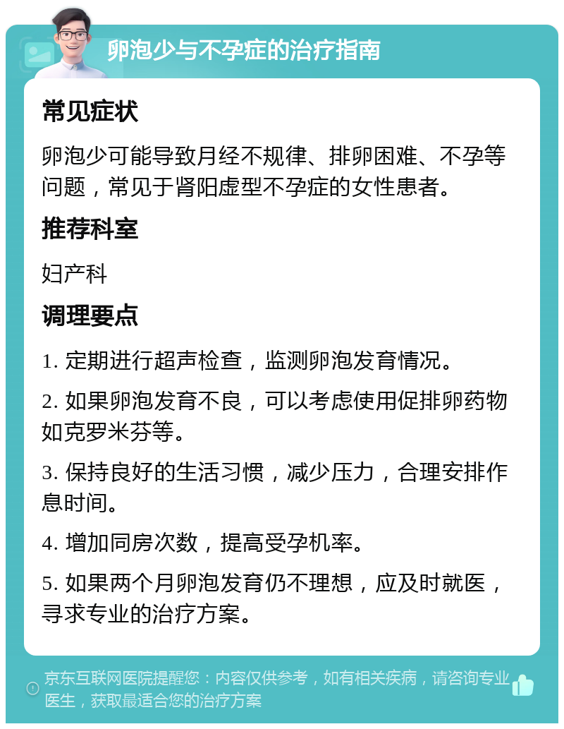 卵泡少与不孕症的治疗指南 常见症状 卵泡少可能导致月经不规律、排卵困难、不孕等问题，常见于肾阳虚型不孕症的女性患者。 推荐科室 妇产科 调理要点 1. 定期进行超声检查，监测卵泡发育情况。 2. 如果卵泡发育不良，可以考虑使用促排卵药物如克罗米芬等。 3. 保持良好的生活习惯，减少压力，合理安排作息时间。 4. 增加同房次数，提高受孕机率。 5. 如果两个月卵泡发育仍不理想，应及时就医，寻求专业的治疗方案。