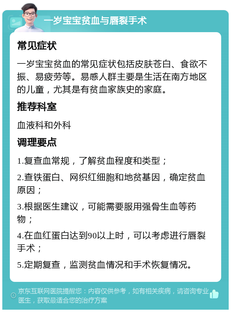 一岁宝宝贫血与唇裂手术 常见症状 一岁宝宝贫血的常见症状包括皮肤苍白、食欲不振、易疲劳等。易感人群主要是生活在南方地区的儿童，尤其是有贫血家族史的家庭。 推荐科室 血液科和外科 调理要点 1.复查血常规，了解贫血程度和类型； 2.查铁蛋白、网织红细胞和地贫基因，确定贫血原因； 3.根据医生建议，可能需要服用强骨生血等药物； 4.在血红蛋白达到90以上时，可以考虑进行唇裂手术； 5.定期复查，监测贫血情况和手术恢复情况。