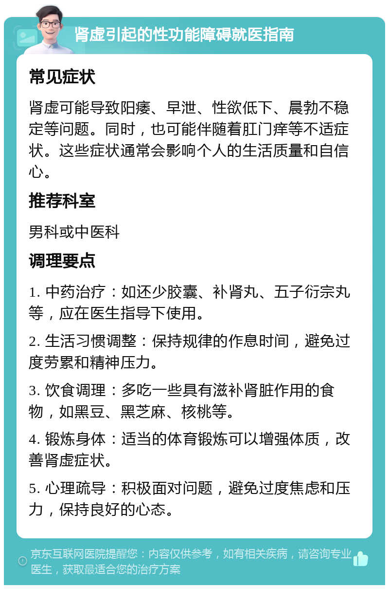 肾虚引起的性功能障碍就医指南 常见症状 肾虚可能导致阳痿、早泄、性欲低下、晨勃不稳定等问题。同时，也可能伴随着肛门痒等不适症状。这些症状通常会影响个人的生活质量和自信心。 推荐科室 男科或中医科 调理要点 1. 中药治疗：如还少胶囊、补肾丸、五子衍宗丸等，应在医生指导下使用。 2. 生活习惯调整：保持规律的作息时间，避免过度劳累和精神压力。 3. 饮食调理：多吃一些具有滋补肾脏作用的食物，如黑豆、黑芝麻、核桃等。 4. 锻炼身体：适当的体育锻炼可以增强体质，改善肾虚症状。 5. 心理疏导：积极面对问题，避免过度焦虑和压力，保持良好的心态。