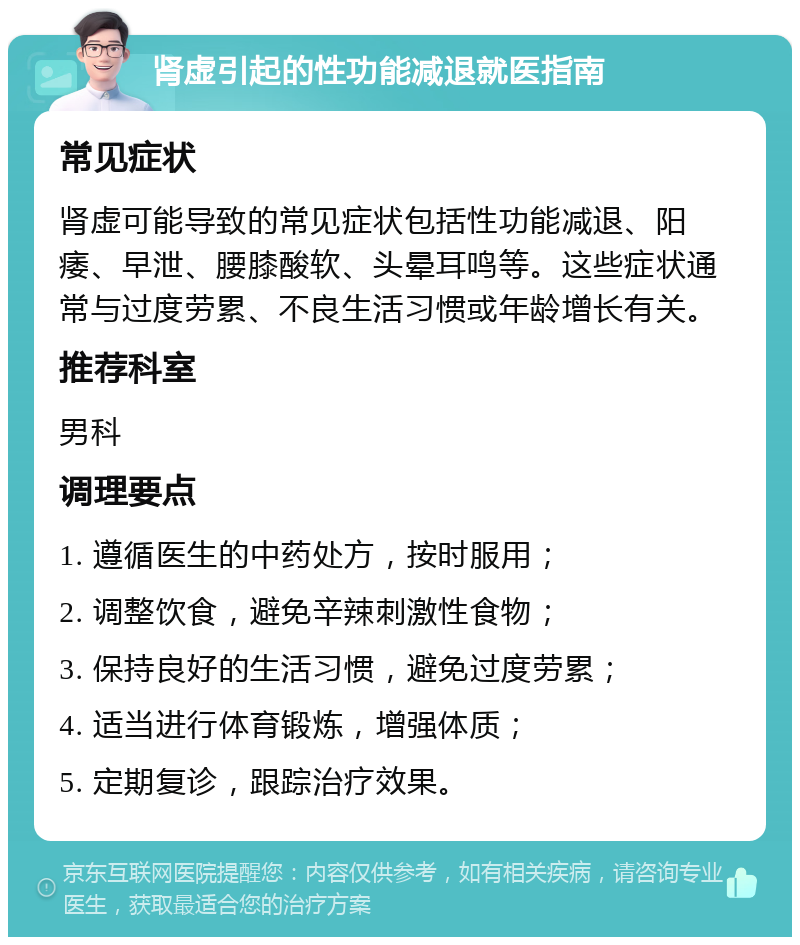 肾虚引起的性功能减退就医指南 常见症状 肾虚可能导致的常见症状包括性功能减退、阳痿、早泄、腰膝酸软、头晕耳鸣等。这些症状通常与过度劳累、不良生活习惯或年龄增长有关。 推荐科室 男科 调理要点 1. 遵循医生的中药处方，按时服用； 2. 调整饮食，避免辛辣刺激性食物； 3. 保持良好的生活习惯，避免过度劳累； 4. 适当进行体育锻炼，增强体质； 5. 定期复诊，跟踪治疗效果。