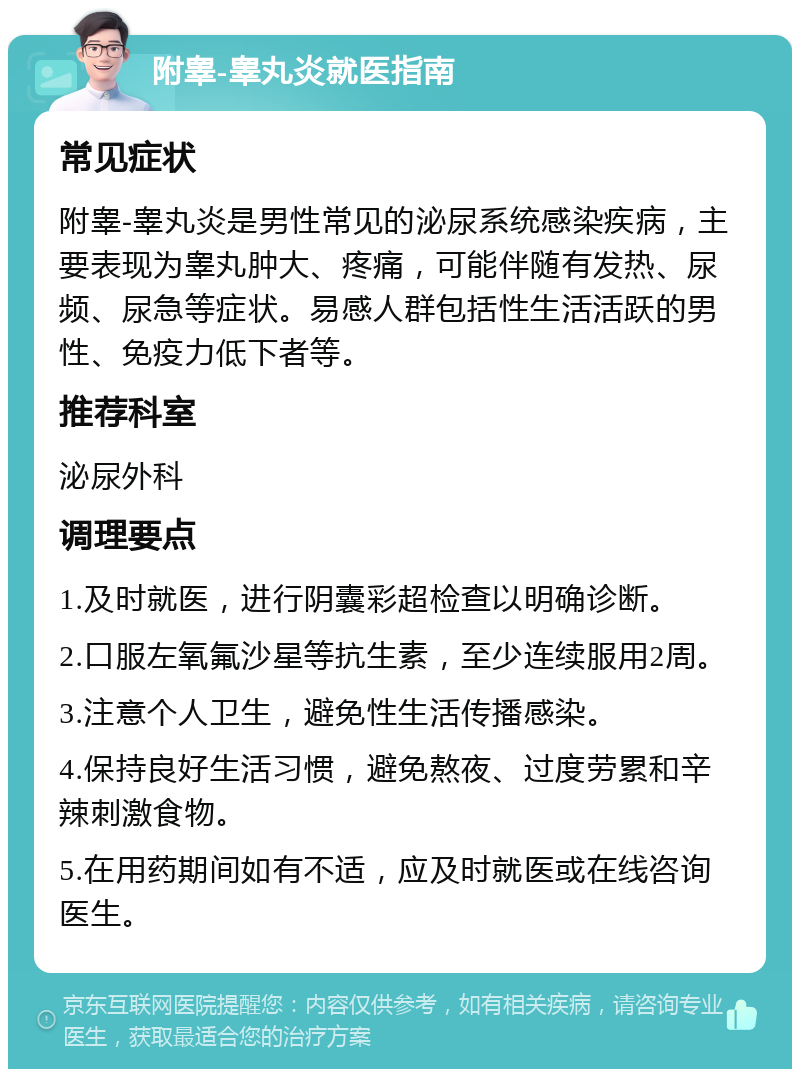 附睾-睾丸炎就医指南 常见症状 附睾-睾丸炎是男性常见的泌尿系统感染疾病，主要表现为睾丸肿大、疼痛，可能伴随有发热、尿频、尿急等症状。易感人群包括性生活活跃的男性、免疫力低下者等。 推荐科室 泌尿外科 调理要点 1.及时就医，进行阴囊彩超检查以明确诊断。 2.口服左氧氟沙星等抗生素，至少连续服用2周。 3.注意个人卫生，避免性生活传播感染。 4.保持良好生活习惯，避免熬夜、过度劳累和辛辣刺激食物。 5.在用药期间如有不适，应及时就医或在线咨询医生。