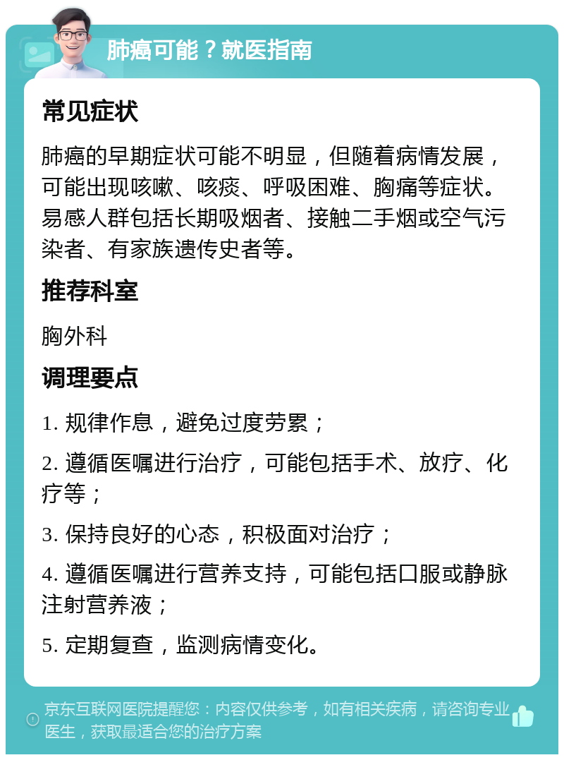 肺癌可能？就医指南 常见症状 肺癌的早期症状可能不明显，但随着病情发展，可能出现咳嗽、咳痰、呼吸困难、胸痛等症状。易感人群包括长期吸烟者、接触二手烟或空气污染者、有家族遗传史者等。 推荐科室 胸外科 调理要点 1. 规律作息，避免过度劳累； 2. 遵循医嘱进行治疗，可能包括手术、放疗、化疗等； 3. 保持良好的心态，积极面对治疗； 4. 遵循医嘱进行营养支持，可能包括口服或静脉注射营养液； 5. 定期复查，监测病情变化。