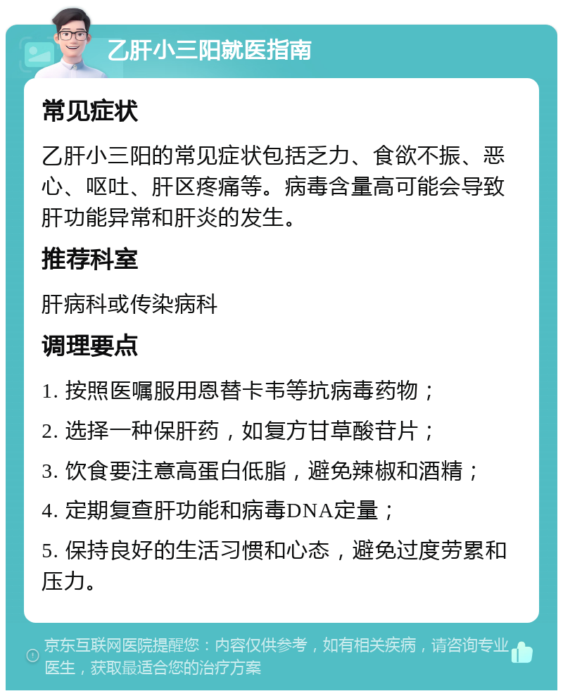 乙肝小三阳就医指南 常见症状 乙肝小三阳的常见症状包括乏力、食欲不振、恶心、呕吐、肝区疼痛等。病毒含量高可能会导致肝功能异常和肝炎的发生。 推荐科室 肝病科或传染病科 调理要点 1. 按照医嘱服用恩替卡韦等抗病毒药物； 2. 选择一种保肝药，如复方甘草酸苷片； 3. 饮食要注意高蛋白低脂，避免辣椒和酒精； 4. 定期复查肝功能和病毒DNA定量； 5. 保持良好的生活习惯和心态，避免过度劳累和压力。