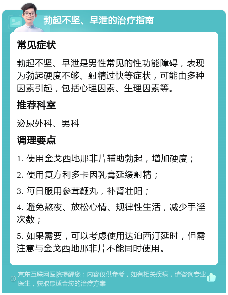 勃起不坚、早泄的治疗指南 常见症状 勃起不坚、早泄是男性常见的性功能障碍，表现为勃起硬度不够、射精过快等症状，可能由多种因素引起，包括心理因素、生理因素等。 推荐科室 泌尿外科、男科 调理要点 1. 使用金戈西地那非片辅助勃起，增加硬度； 2. 使用复方利多卡因乳膏延缓射精； 3. 每日服用参茸鞭丸，补肾壮阳； 4. 避免熬夜、放松心情、规律性生活，减少手淫次数； 5. 如果需要，可以考虑使用达泊西汀延时，但需注意与金戈西地那非片不能同时使用。