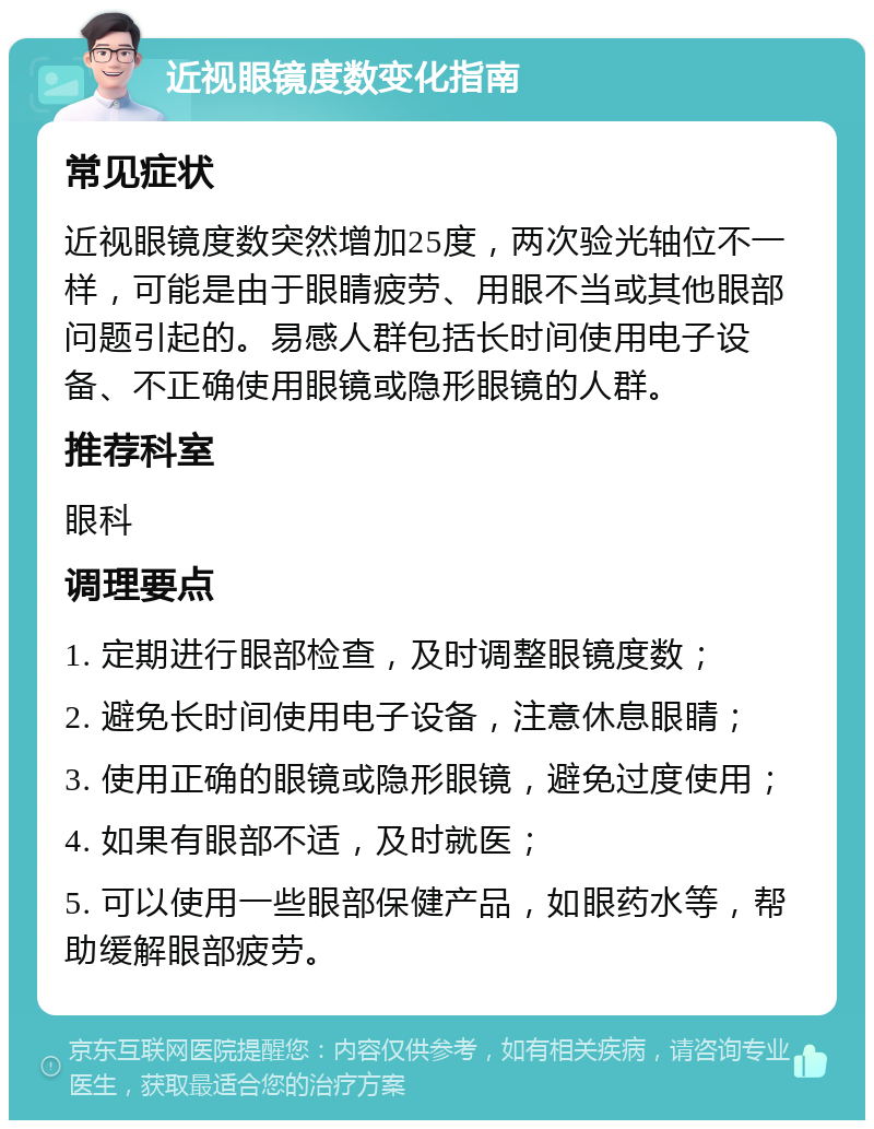 近视眼镜度数变化指南 常见症状 近视眼镜度数突然增加25度，两次验光轴位不一样，可能是由于眼睛疲劳、用眼不当或其他眼部问题引起的。易感人群包括长时间使用电子设备、不正确使用眼镜或隐形眼镜的人群。 推荐科室 眼科 调理要点 1. 定期进行眼部检查，及时调整眼镜度数； 2. 避免长时间使用电子设备，注意休息眼睛； 3. 使用正确的眼镜或隐形眼镜，避免过度使用； 4. 如果有眼部不适，及时就医； 5. 可以使用一些眼部保健产品，如眼药水等，帮助缓解眼部疲劳。