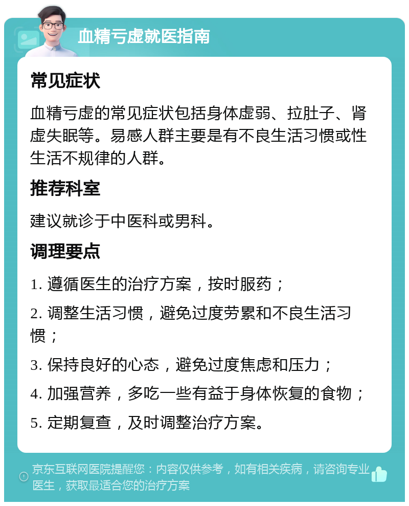 血精亏虚就医指南 常见症状 血精亏虚的常见症状包括身体虚弱、拉肚子、肾虚失眠等。易感人群主要是有不良生活习惯或性生活不规律的人群。 推荐科室 建议就诊于中医科或男科。 调理要点 1. 遵循医生的治疗方案，按时服药； 2. 调整生活习惯，避免过度劳累和不良生活习惯； 3. 保持良好的心态，避免过度焦虑和压力； 4. 加强营养，多吃一些有益于身体恢复的食物； 5. 定期复查，及时调整治疗方案。