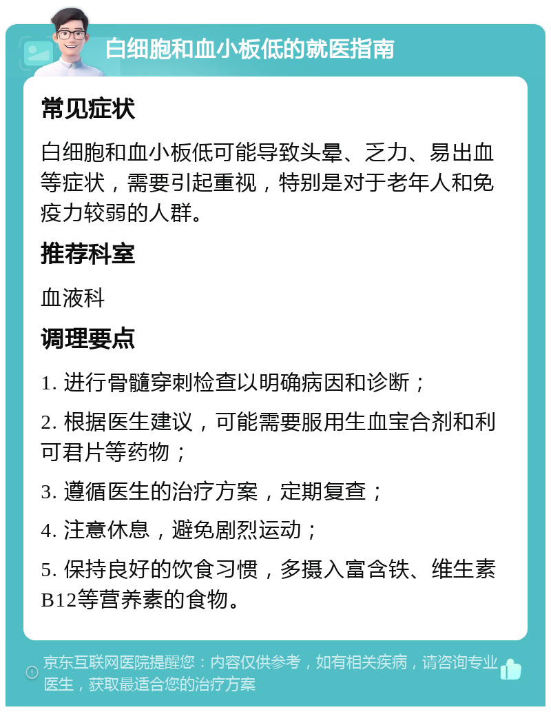 白细胞和血小板低的就医指南 常见症状 白细胞和血小板低可能导致头晕、乏力、易出血等症状，需要引起重视，特别是对于老年人和免疫力较弱的人群。 推荐科室 血液科 调理要点 1. 进行骨髓穿刺检查以明确病因和诊断； 2. 根据医生建议，可能需要服用生血宝合剂和利可君片等药物； 3. 遵循医生的治疗方案，定期复查； 4. 注意休息，避免剧烈运动； 5. 保持良好的饮食习惯，多摄入富含铁、维生素B12等营养素的食物。