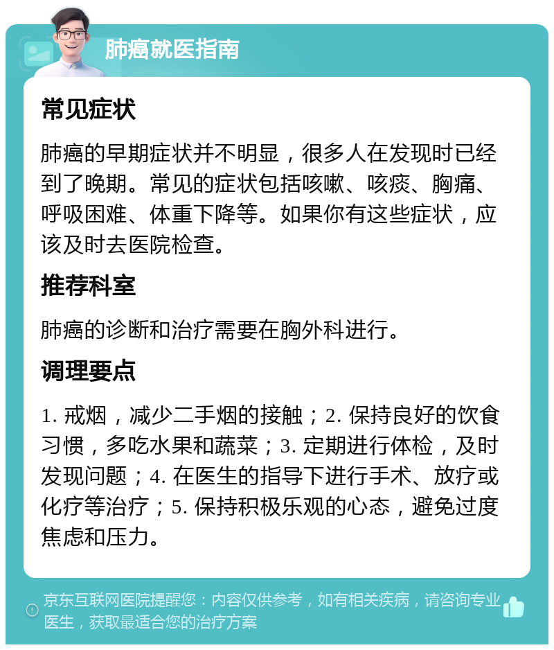 肺癌就医指南 常见症状 肺癌的早期症状并不明显，很多人在发现时已经到了晚期。常见的症状包括咳嗽、咳痰、胸痛、呼吸困难、体重下降等。如果你有这些症状，应该及时去医院检查。 推荐科室 肺癌的诊断和治疗需要在胸外科进行。 调理要点 1. 戒烟，减少二手烟的接触；2. 保持良好的饮食习惯，多吃水果和蔬菜；3. 定期进行体检，及时发现问题；4. 在医生的指导下进行手术、放疗或化疗等治疗；5. 保持积极乐观的心态，避免过度焦虑和压力。