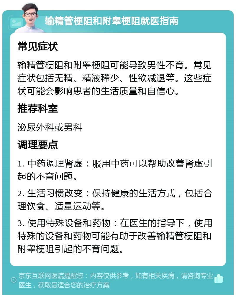 输精管梗阻和附睾梗阻就医指南 常见症状 输精管梗阻和附睾梗阻可能导致男性不育。常见症状包括无精、精液稀少、性欲减退等。这些症状可能会影响患者的生活质量和自信心。 推荐科室 泌尿外科或男科 调理要点 1. 中药调理肾虚：服用中药可以帮助改善肾虚引起的不育问题。 2. 生活习惯改变：保持健康的生活方式，包括合理饮食、适量运动等。 3. 使用特殊设备和药物：在医生的指导下，使用特殊的设备和药物可能有助于改善输精管梗阻和附睾梗阻引起的不育问题。