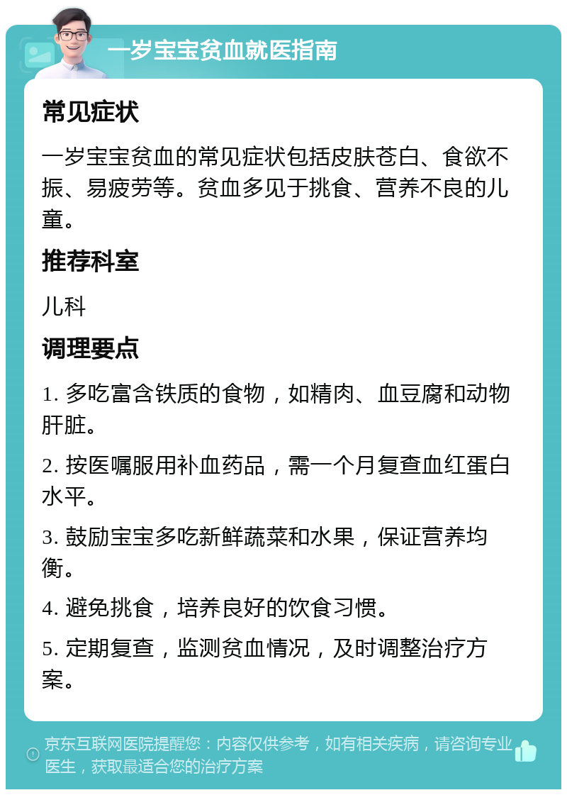 一岁宝宝贫血就医指南 常见症状 一岁宝宝贫血的常见症状包括皮肤苍白、食欲不振、易疲劳等。贫血多见于挑食、营养不良的儿童。 推荐科室 儿科 调理要点 1. 多吃富含铁质的食物，如精肉、血豆腐和动物肝脏。 2. 按医嘱服用补血药品，需一个月复查血红蛋白水平。 3. 鼓励宝宝多吃新鲜蔬菜和水果，保证营养均衡。 4. 避免挑食，培养良好的饮食习惯。 5. 定期复查，监测贫血情况，及时调整治疗方案。