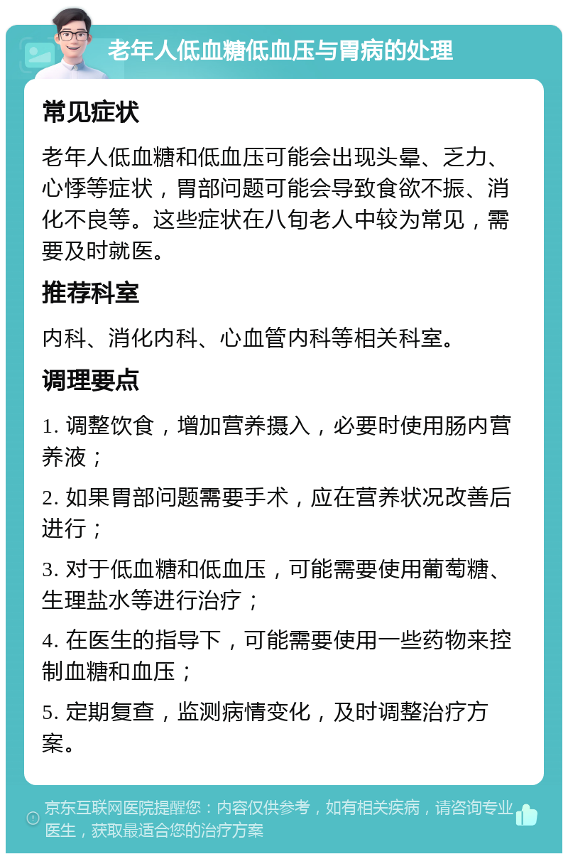 老年人低血糖低血压与胃病的处理 常见症状 老年人低血糖和低血压可能会出现头晕、乏力、心悸等症状，胃部问题可能会导致食欲不振、消化不良等。这些症状在八旬老人中较为常见，需要及时就医。 推荐科室 内科、消化内科、心血管内科等相关科室。 调理要点 1. 调整饮食，增加营养摄入，必要时使用肠内营养液； 2. 如果胃部问题需要手术，应在营养状况改善后进行； 3. 对于低血糖和低血压，可能需要使用葡萄糖、生理盐水等进行治疗； 4. 在医生的指导下，可能需要使用一些药物来控制血糖和血压； 5. 定期复查，监测病情变化，及时调整治疗方案。