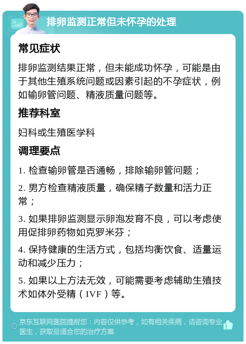 排卵监测正常但未怀孕的处理 常见症状 排卵监测结果正常，但未能成功怀孕，可能是由于其他生殖系统问题或因素引起的不孕症状，例如输卵管问题、精液质量问题等。 推荐科室 妇科或生殖医学科 调理要点 1. 检查输卵管是否通畅，排除输卵管问题； 2. 男方检查精液质量，确保精子数量和活力正常； 3. 如果排卵监测显示卵泡发育不良，可以考虑使用促排卵药物如克罗米芬； 4. 保持健康的生活方式，包括均衡饮食、适量运动和减少压力； 5. 如果以上方法无效，可能需要考虑辅助生殖技术如体外受精（IVF）等。